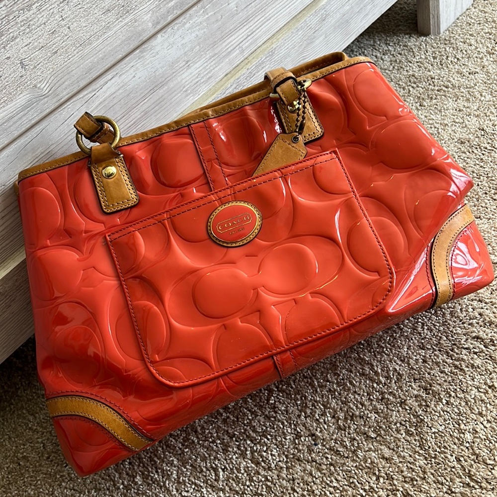 Coach Papaya/Coral Embossed Patent Leather Handbag